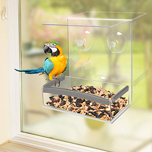 Achort Alimentador de Pájaros con Orificios de Drenaje, Comedero Pájaros para Ventana con 3 Ventosas, Bandeja extraíble, Cristal Acrílico y PVC, Alta Capacidad de Semillas 16.5 * 15 * 6.5cm