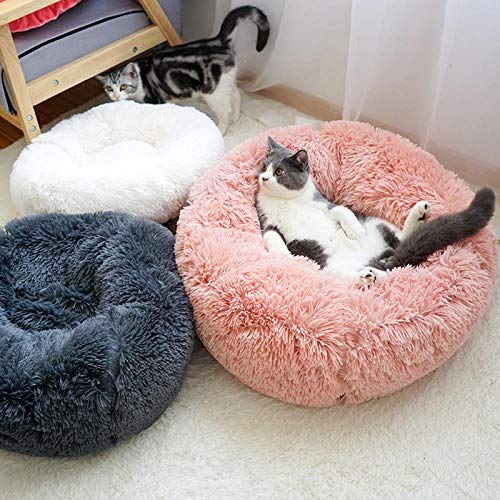 AdronQ Cama Redonda para Mascotas Gato Perro Invierno Cálida Casa para Dormir Lavable Felpa Larga para Perros Perrera Cama para Gatos Perrera Nido Colchoneta Plegable Cojín    Negro S- 50cm