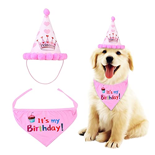 AIBAOBAO Perro Cumpleaños, Sombrero de Cono de Cumpleaños de Perro, Triángulo de Bandana de Cumpleaños de Perro, Sombrero Pañuelo, Decoración de Cumpleaños Gato Mascota o Cachorro (Rosado)