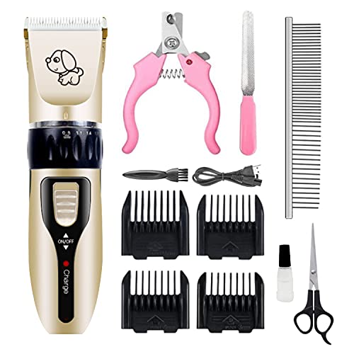 Aischens Pet Cortapelo para Mascotas Perros y Gatos, Bajo Ruido y Vibración, 4 Peines y 5 Longitud Ajustable Kit de Maquina Cortar Pelo Perros Silencioso Inalámbrico Recargable para Todas Las Mascotas