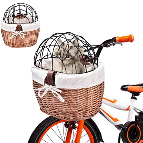 Akemaio Perro Cesta de Bicicleta Delantera de la Bicicleta Cesta de Mimbre Tejida Bicicletas Basket Pet Carrier Cesta para Perros Gatos Perrito