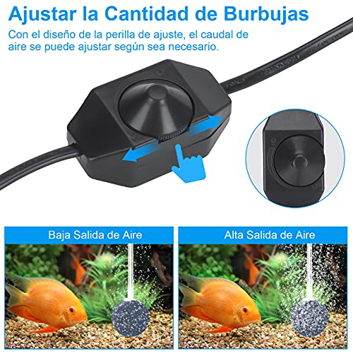 AKKEE Oxigenador Acuario, Aireador Acuario, Bomba Aire Acuario, 3L/Min x 2 con Válvula de Aire Ajustable, 4,5W Doble Salida Bomba Oxigenador para Acuario, Silenciosa <35dB