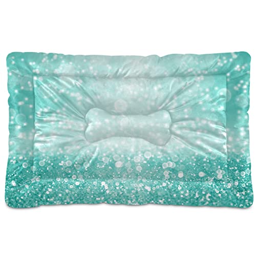 Alfombra de cama para perros y gatos, con purpurina verde azulado, color turquesa, con diamantes y menta, suave para mascotas pequeñas y medianas, antideslizante, lavable y seco, 36 x 24 pulgadas