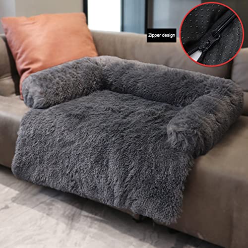 Alfombra suave para perro, sofá cama de perro, mullida y suave para aliviar la ansiedad del perro, colchón cálido y calmante, protector de muebles lavable para sofá (L, gris oscuro)