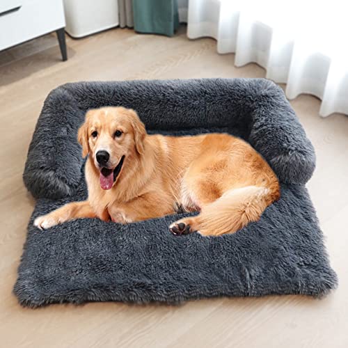 Alfombra suave para perro, sofá cama de perro, mullida y suave para aliviar la ansiedad del perro, colchón cálido y calmante, protector de muebles lavable para sofá (L, gris oscuro)