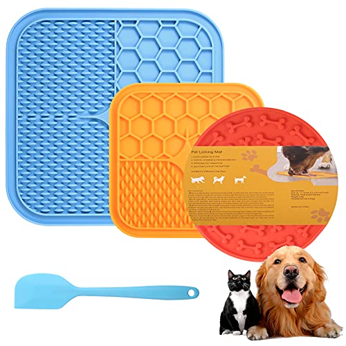 Alfombrilla para Lamer Perros, 3Pcs Dog Lick Pad (2 Cuadrado Lick Mat y 1 Redondo Lick Mat)con Espátula de Silicona, Lamer Estera para Perro Alimentador Lento de Succión Fuerte para Entrenar/Bañarse