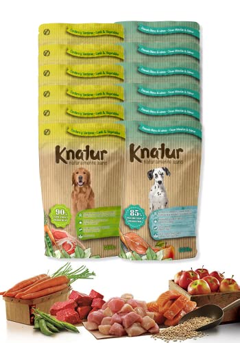 Alimento Natural casero para Perros, húmedo con Carne Fresca y Verduras Frescas - 90% Carne Knatur (12x600gr) (Mix (salmón) - (Cordero, Pollo))