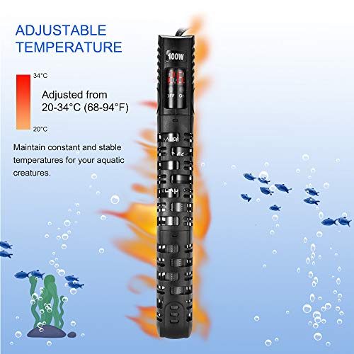 ALLOMN Calentador Acuario, Calentador Termostato para Acuarios Calentador Agua del Tanque de Peces, 20-34 °C Temperatura Ajustable con Ventosa Protectora para Acuario 50-350L (100W 50-90L)