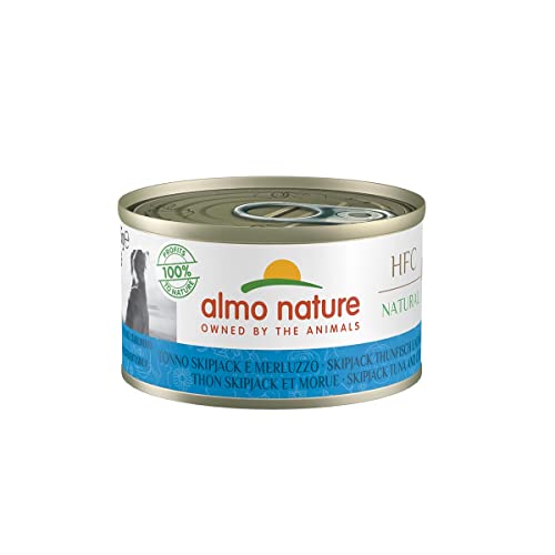 Almo Nature Comida Húmeda Natural de Atún Skipjack-Bacalao (24 latas x 95g). Alimento para Perros Monoproteíco Enlatado HFC Cuisine. Snack Complementario sin Gluten, 2280