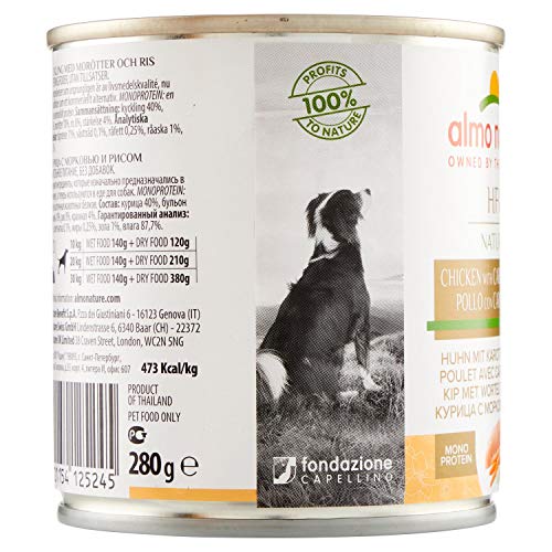 Almo Nature Comida Húmeda Natural de Pollo, Zanahoria y Arroz latas x Alimento para Perros Monoproteíco Enlatado HFC Cuisine. Snack Complementario sin Gluten, 280 g (Paquete de 12), 3360