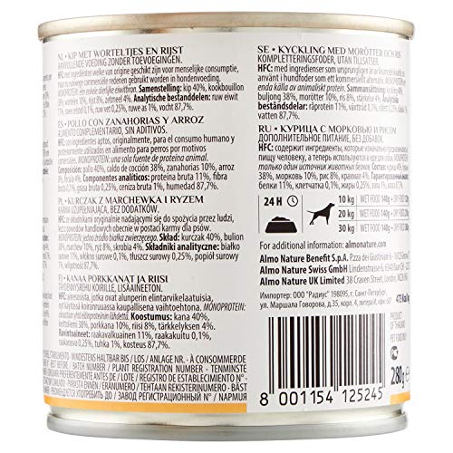 Almo Nature Comida Húmeda Natural de Pollo, Zanahoria y Arroz latas x Alimento para Perros Monoproteíco Enlatado HFC Cuisine. Snack Complementario sin Gluten, 280 g (Paquete de 12), 3360