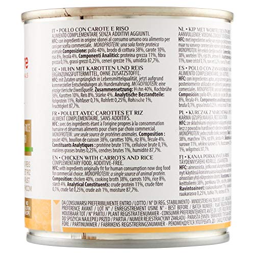 Almo Nature Comida Húmeda Natural de Pollo, Zanahoria y Arroz latas x Alimento para Perros Monoproteíco Enlatado HFC Cuisine. Snack Complementario sin Gluten, 280 g (Paquete de 12), 3360