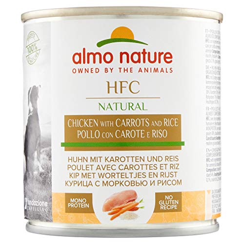 Almo Nature Comida Húmeda Natural de Pollo, Zanahoria y Arroz latas x Alimento para Perros Monoproteíco Enlatado HFC Cuisine. Snack Complementario sin Gluten, 280 g (Paquete de 12), 3360