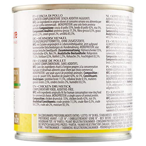 Almo Nature Comida Húmeda Natural Muslo de Pollo (12 latas x 280 g). Alimento para Perros Monoproteíco Enlatado HFC Cuisine. Snack Complementario sin Gluten, 3360