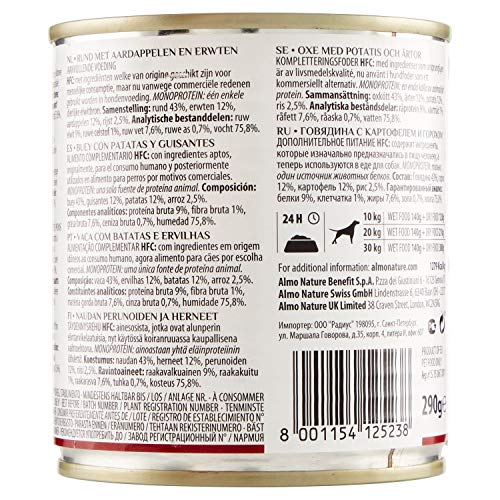 almo nature - Comida Húmeda para Perros HFC Natural de Vacuno, Patatas y Guisantes sin gluten, 12 unidades x 290 g