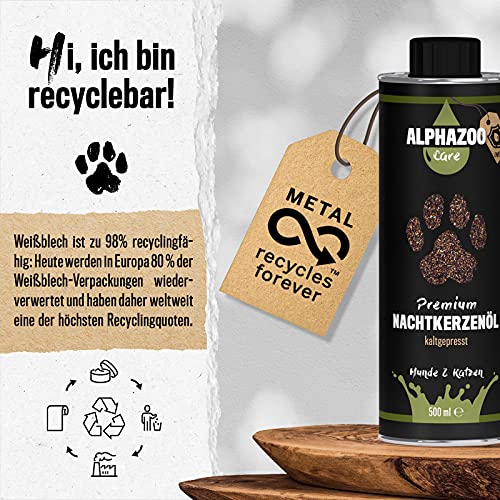 alphazoo Aceite de onagra para piensos para Perros y Gatos 500 ml, Aceite Premium prensado en frío para el Sistema inmunológico, Rico en vitaminas y minerales, aditivo para la Comida, Aceite Base