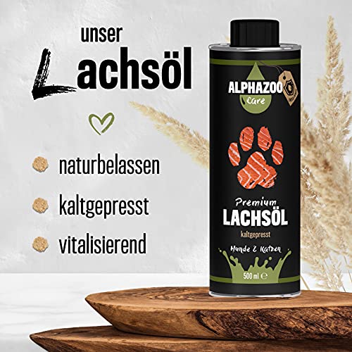 alphazoo Aceite de salmón Premium para Perros y Gatos 250ml, Aceite de Pescado, Rico en ácidos grasos Omega 3 y Omega 6, Aceite de suplemento para el Cuidado de la Piel, valiosas vitaminas