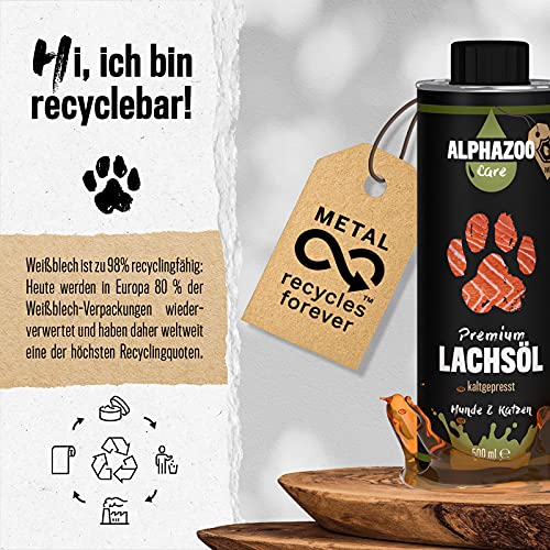 alphazoo Aceite de salmón Premium para Perros y Gatos 250ml, Aceite de Pescado, Rico en ácidos grasos Omega 3 y Omega 6, Aceite de suplemento para el Cuidado de la Piel, valiosas vitaminas