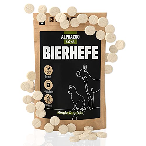 alphazoo Pastillas de levadura de cerveza perro y gato 50 piezas, para el pelo brillante, polvo de levadura de cerveza pestañas minerales, vitaminas B, contra la pérdida de cabello y las garrapatas