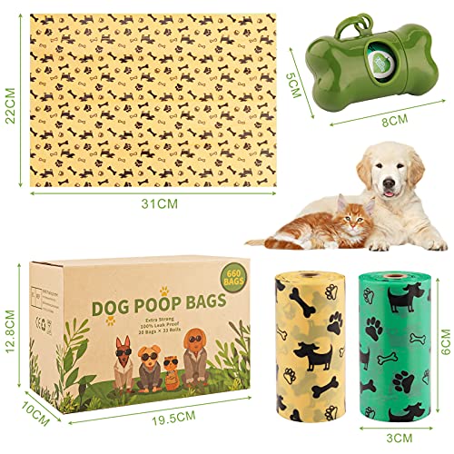 AMAYGA Bolsas para Caca de Perro,33 Rollos/660 Unidades,Extra Grueso Prueba de Fugas, Bolsas para residuos de Perros, 1 dispensador