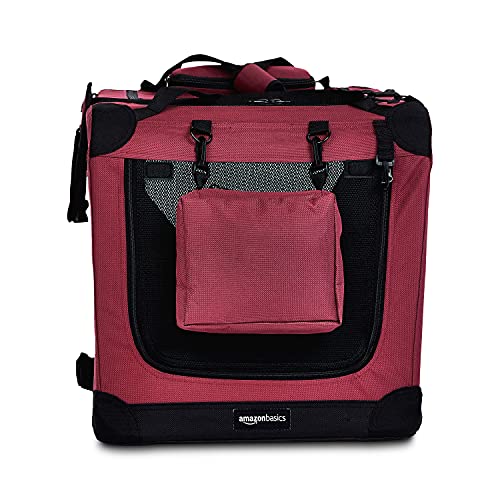 Amazon Basics – Transportín para mascotas abatible, transportable y suave de gran calidad, 66 cm, Rojo