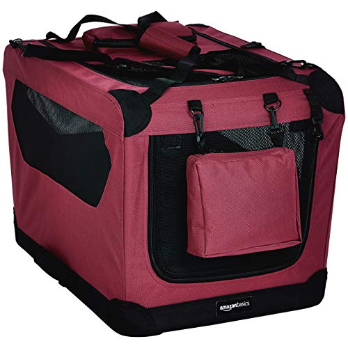 Amazon Basics – Transportín para mascotas abatible, transportable y suave de gran calidad, 66 cm, Rojo