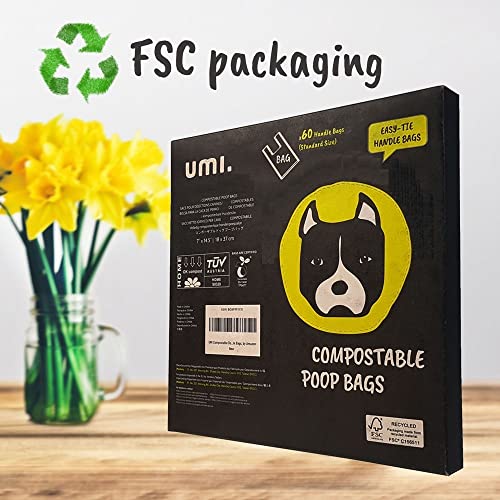 Amazon Brand - Umi Bolsas para Excrementos de Perro Biodegradables - Origen Vegetal, Compostaje Casero, Sin Microplásticos, Sin Perfumes y Resistentes a Fugas - 18 x 37 cm con Asas, Paquete de 60