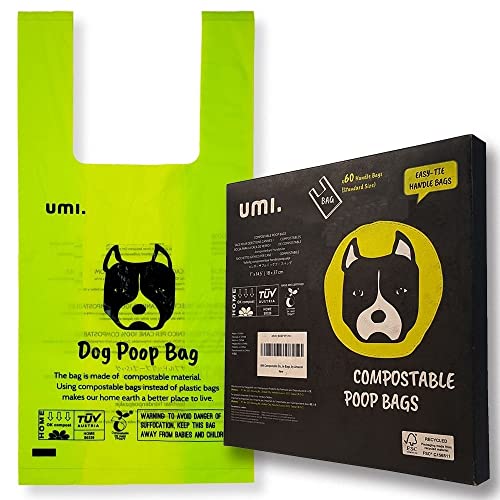 Amazon Brand - Umi Bolsas para Excrementos de Perro Biodegradables - Origen Vegetal, Compostaje Casero, Sin Microplásticos, Sin Perfumes y Resistentes a Fugas - 18 x 37 cm con Asas, Paquete de 60