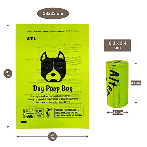 Amazon Brand - Umi Bolsas para Excrementos de Perro Biodegradables - Origen Vegetal, Compostaje Casero, Sin Microplásticos, Sin Perfumes y Resistentes a Fugas - 23 x 33 cm, 120 con Porta Bolsas