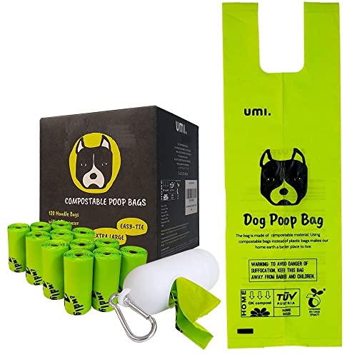 Amazon Brand - Umi Bolsas para Excrementos de Perro Compostables - Origen Vegetal, Compostaje Casero, Sin Microplásticos, Sin Perfumes y Resistentes a Fugas - 13 x 40 cm, 120 con Porta Bolsas