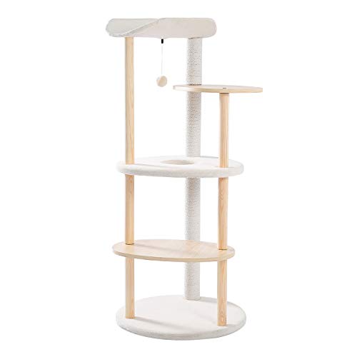 Amazon Brand – Umi Moderno árbol de Madera para Gatos Gatos Torre de Juegos Grande de Varios Pisos Poste rascador de sisal Diseño Especial Muebles para Gatitos Centro de Actividades Beige 124cm