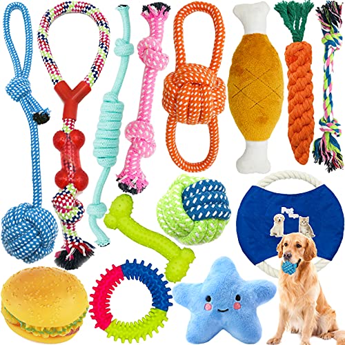 Amzeeniu Juguetes para Perros,14piezas Juguete para Morder para Perro,Durable Masticable Cuerda,Cuerda Juguete Interactivo de algodón con Nudo para Masticar para Mantener a Perro Sano