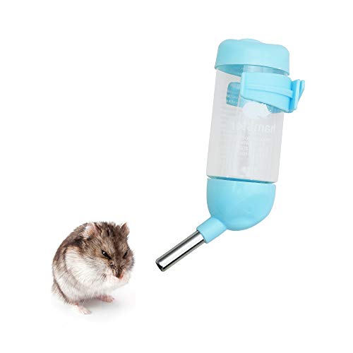 Andiker Botella Dispensador para Hámster, Agua Plástica Colgante Bebedero Automático Dispensador Tazón de Jaula con 2 Bolas Rodaderas para Animales Pequeños, Chinchilla (80 ml, Azul)