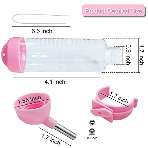 Andiker Botella Dispensador para Hámster, Agua Plástica Colgante Bebedero Automático Dispensador Tazón de Jaula con 2 Bolas Rodaderas para Animales Pequeños, Chinchilla(125 ml, Rosa)