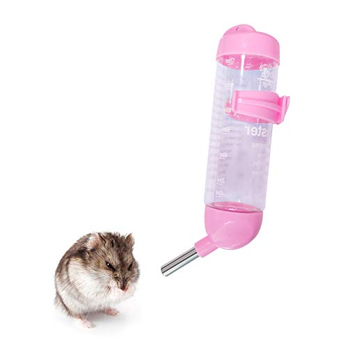 Andiker Botella Dispensador para Hámster, Agua Plástica Colgante Bebedero Automático Dispensador Tazón de Jaula con 2 Bolas Rodaderas para Animales Pequeños, Chinchilla(125 ml, Rosa)