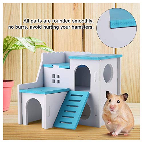 Andiker Casa de Madera para Hámster, Escondite de Animales Pequeños Casa para Hámster con Escalera Divertida Juguetes de Ejercicio Cabaña de Lujo de Dos Capas para Hámster Enano, Chinchilla (Azul)