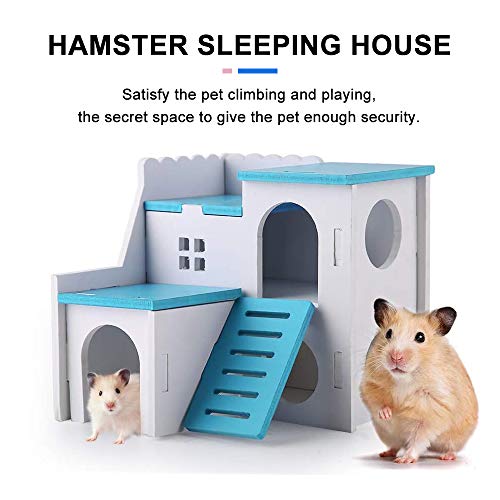 Andiker Casa de Madera para Hámster, Escondite de Animales Pequeños Casa para Hámster con Escalera Divertida Juguetes de Ejercicio Cabaña de Lujo de Dos Capas para Hámster Enano, Chinchilla (Azul)