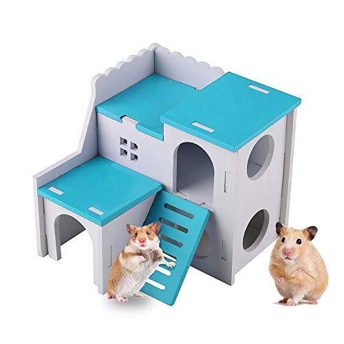 Andiker Casa de Madera para Hámster, Escondite de Animales Pequeños Casa para Hámster con Escalera Divertida Juguetes de Ejercicio Cabaña de Lujo de Dos Capas para Hámster Enano, Chinchilla (Azul)