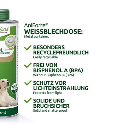 AniForte aceite de cáñamo orgánico prensado en frío para perros y caballos 1 litro - 100% de aceite de cáñamo puro como aditivo, aceite de cáñamo de primera calidad, embalaje reciclable sin BPA