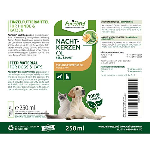 AniForte Aceite de onagra Natural Perros 250ml - Suministro de ácidos grasos insaturados y saturados, Omega 6-9, Refuerza el Bienestar, Envase reciclable sin BPA, Producto Natural