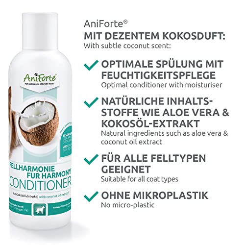 AniForte Acondicionador de Pelo para Perros de 200ml - Acondicionador Natural para Perros de Pelo Largo y Corto, Cuidado y protección con extracto de Aceite de Coco y Aloe Vera, No más enredos