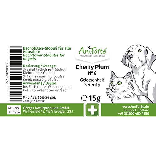 AniForte Cherry Plum Globuli Calma para Perros, Gatos, Mascotas - Flores de Bach para calmar los miedos reprimidos, Las reacciones incontroladas y la inquietud