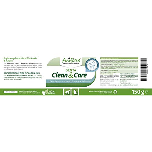 AniForte Denta Clean and Care Powder para Perros y Gatos 150g - Producto Natural para el Cuidado de los Dientes. Dientes Blancos, Aliento Fresco, Prevención de Placa, Cuidado Dental, Polvo de Dientes