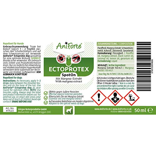 AniForte Ectoprotex para Perros Formato Spot On 50ml - Repelente de Larga duración para garrapatas, pulgas, ácaros y parásitos, Protección efectiva contra garrapatas, con extracto de Margosa