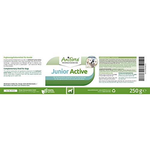 AniForte Junior Active para Cachorros y Perros jóvenes 250g - para el Desarrollo de Huesos, tendones, ligamentos y Dientes. Suplemento para Cachorros con Calcio, vitaminas y minerales