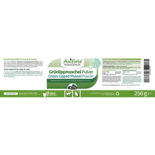 AniForte Polvo de mejillón de labios verdes para perros y gatos 250g – Polvo natural de mejillones de labios verdes de calidad grasa, glicosaminoglicanos 3.3%, apoya las articulaciones