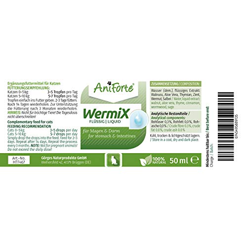 AniForte WermiX Líquido para Gatos 50ml - Producto Natural Antes para Durante y después de la infestación por lombrices. Gotas Naturales