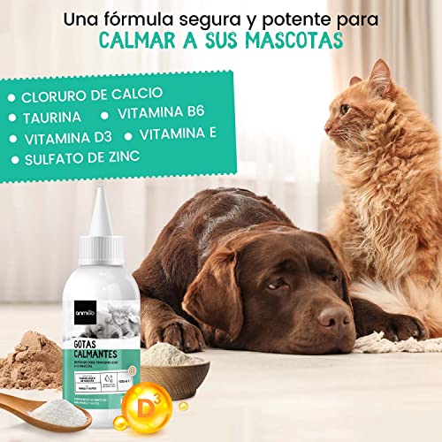 Animigo Gotas Calmantes para Gatos y Perros. Relajante Natural No Somnífero. para Estrés, Ansiedad por Separación, Viajes y Ruidos Fuertes. con Aminoácidos, Vitaminas y Minerales. Gotero 100ml