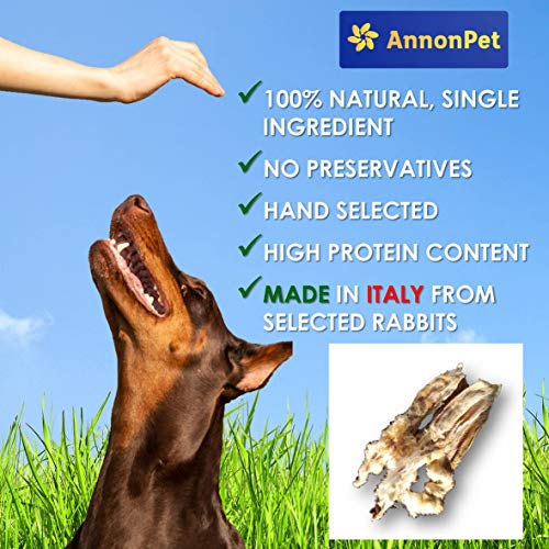 Annonpet 250 Gramos (22 Piezas) de Orejas de Conejo con bajo Contenido de Grasa. Snack masticable para Perros de Todos los tamaños. Purificador intestinal, Ideal para Dieta Barf