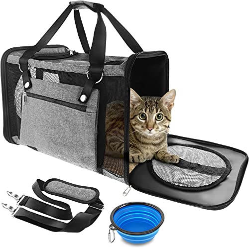 Anykuu Transportín Gato Perro, Bolsa de Transporte Plegable Portátil y Transpirable, Transportin para Mascotas, 47 * 27 * 28CM, Bolso de Viaje Impermeable con Cuenco Plegable, Resistente a Rayones